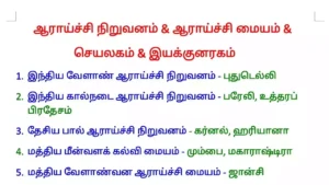 இந்தியாவின் முக்கிய ஆராய்ச்சி நிறுவனங்களின் பெயர்கள் மற்றும் இடங்களின் பட்டியல்