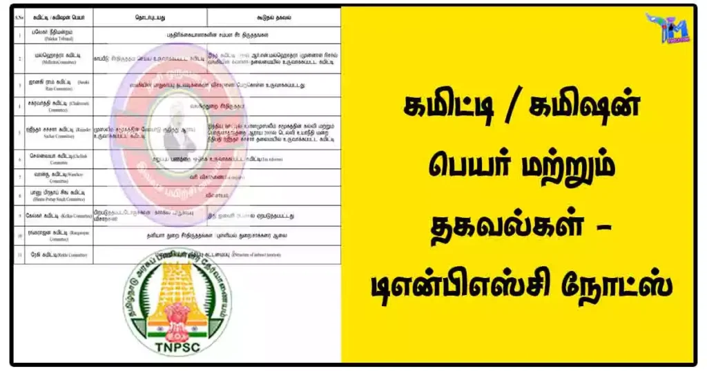 கமிட்டி / கமிஷன் பெயர் மற்றும் தகவல்கள் - டிஎன்பிஎஸ்சி நோட்ஸ் 1 கமிட்டி / கமிஷன் பெயர் மற்றும் தகவல்கள் - டிஎன்பிஎஸ்சி நோட்ஸ்