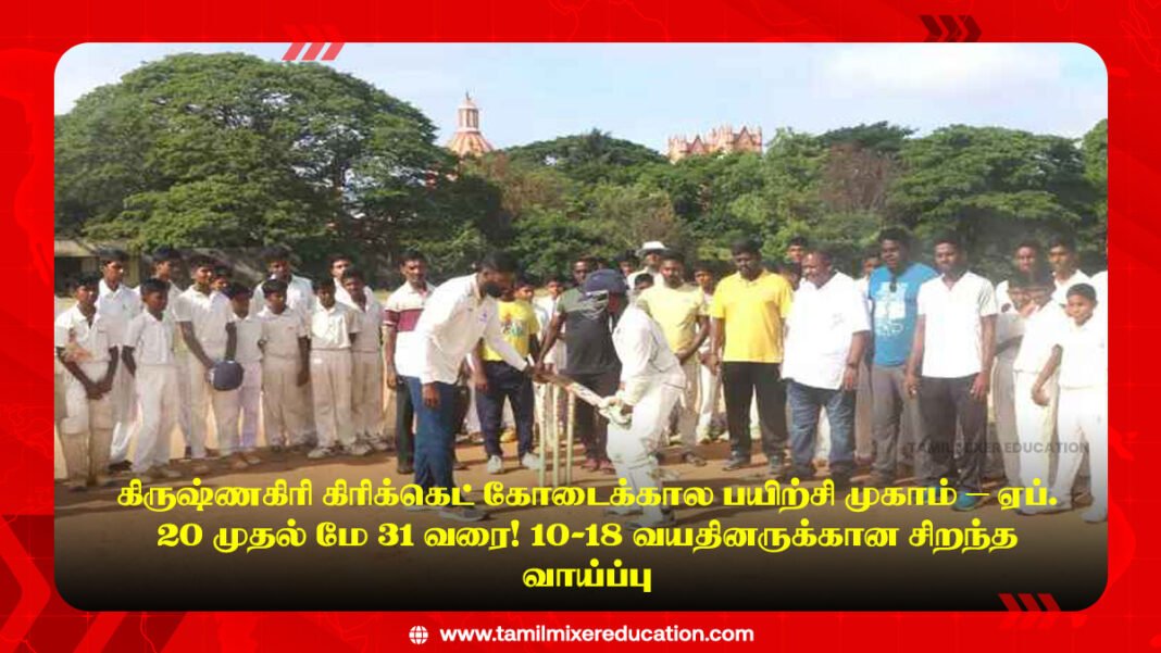 🏏 கிருஷ்ணகிரி கிரிக்கெட் கோடைக்கால பயிற்சி முகாம் – ஏப். 20 முதல் மே 31 வரை! 10-18 வயதினருக்கான சிறந்த வாய்ப்பு