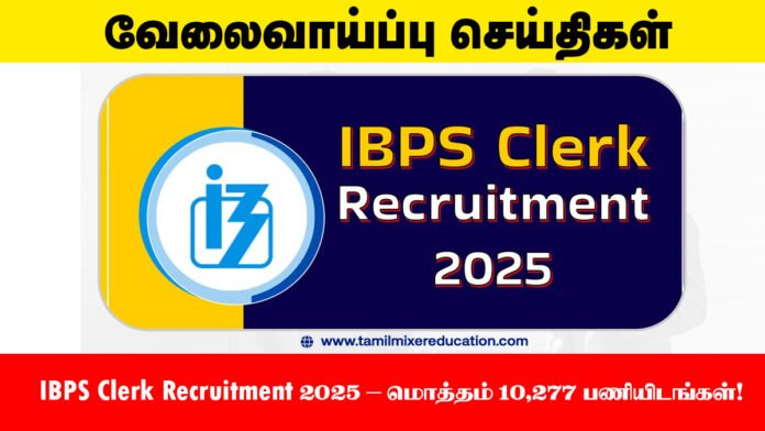 🏦 IBPS Clerk Recruitment 2025 – மொத்தம் 10,277 பணியிடங்கள்! ஆன்லைன் பதிவு துவக்கம் – விண்ணப்பிக்க கடைசி தேதி: ஆகஸ்ட் 21