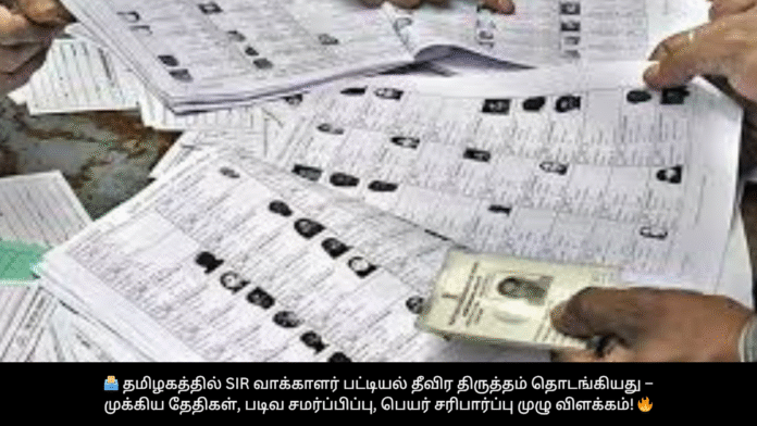🗳️ தமிழகத்தில் SIR வாக்காளர் பட்டியல் தீவிர திருத்தம் தொடங்கியது – முக்கிய தேதிகள், படிவ சமர்ப்பிப்பு, பெயர் சரிபார்ப்பு முழு விளக்கம்! 🔥