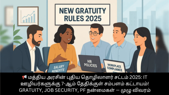 📢 மத்திய அரசின் புதிய தொழிலாளர் சட்டம் 2025: IT ஊழியர்களுக்கு 7-ஆம் தேதிக்குள் சம்பளம் கட்டாயம்! Gratuity, Job Security, PF நன்மைகள் — முழு விவரம்