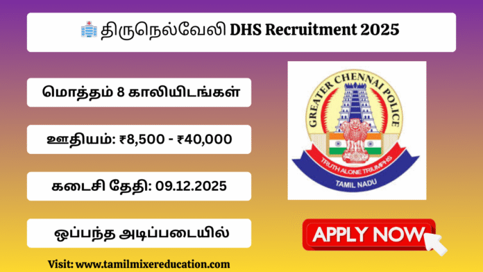 🏥 திருநெல்வேலி DHS Recruitment 2025 – 8 காலியிடங்கள்! 8ஆம் வகுப்பு முதல் பட்டப்படிப்பு வரை விண்ணப்பிக்கலாம் 🔥