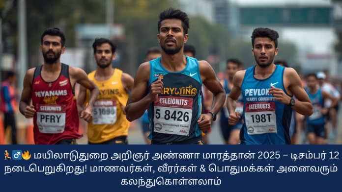 🏃‍♂️🔥 மயிலாடுதுறை அறிஞர் அண்ணா மாரத்தான் 2025 – டிசம்பர் 12 நடைபெறுகிறது! மாணவர்கள், வீரர்கள் & பொதுமக்கள் அனைவரும் கலந்துகொள்ளலாம்