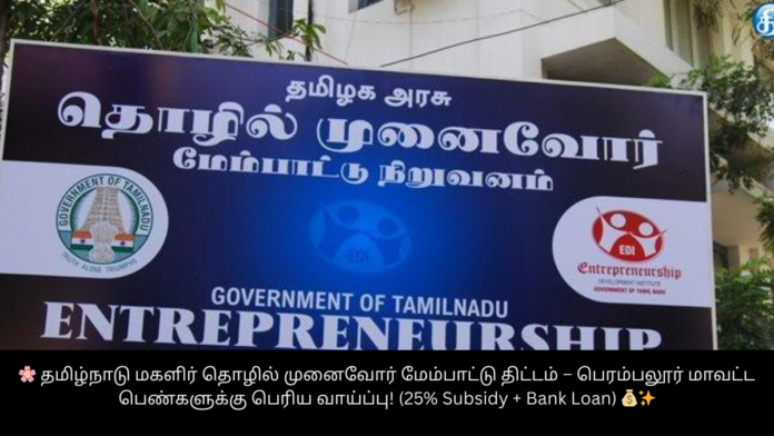 🌸 தமிழ்நாடு மகளிர் தொழில் முனைவோர் மேம்பாட்டு திட்டம் – பெரம்பலூர் மாவட்ட பெண்களுக்கு பெரிய வாய்ப்பு! (25% Subsidy + Bank Loan) 💰✨