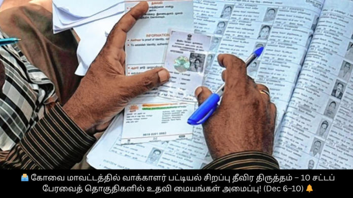 🗳️ கோவை மாவட்டத்தில் வாக்காளர் பட்டியல் சிறப்பு தீவிர திருத்தம் – 10 சட்டப் பேரவைத் தொகுதிகளில் உதவி மையங்கள் அமைப்பு! (Dec 6–10) 🔔