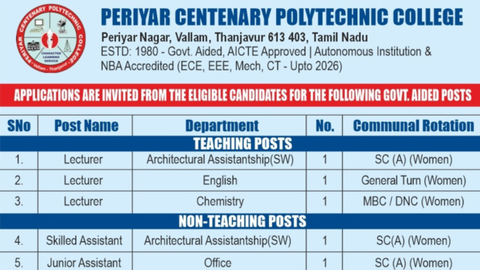 📢 Periyar Polytechnic College Recruitment 2026 | Lecturer & Non-Teaching Jobs – Women Only 👩‍🏫📝