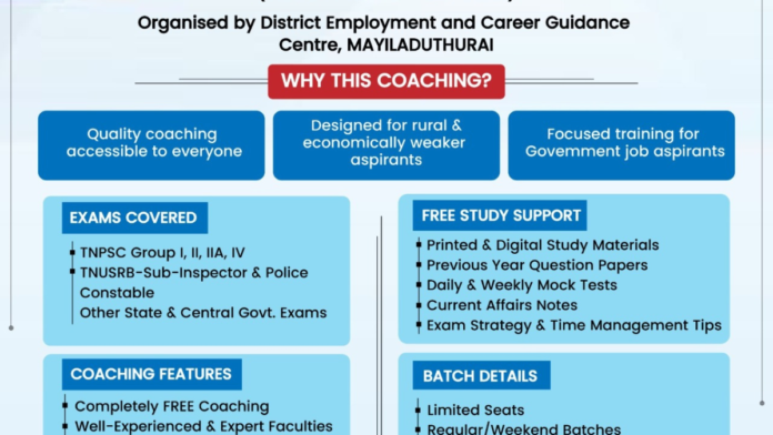 🎓🔥 அரசு தேர்வுகளுக்கு 100% FREE Coaching! | TNPSC, TNUSRB – Mayiladuthurai-ல் இலவச பயிற்சி வகுப்புகள்