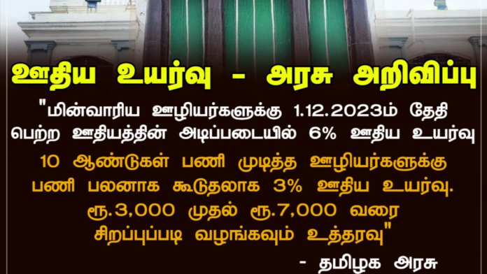 ⚡ தமிழ்நாடு மின்வாரிய ஊழியர்களுக்கு 6% ஊதிய உயர்வு – 10 ஆண்டு பணி முடித்தவர்களுக்கு கூடுதல் 3% பலன்