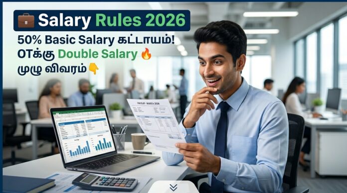 💼 New Salary Rules 2026: அடிப்படை சம்பளம் 50% கட்டாயம்! OTக்கு Double Salary 🔥 முழு விவரம் 👇