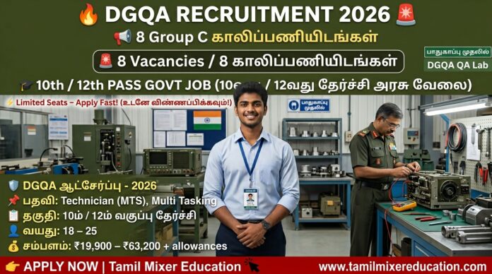 🔥 DGQA Recruitment 2026 – 8 Group C Vacancies | 10th / 12th Pass Govt Job 🚨