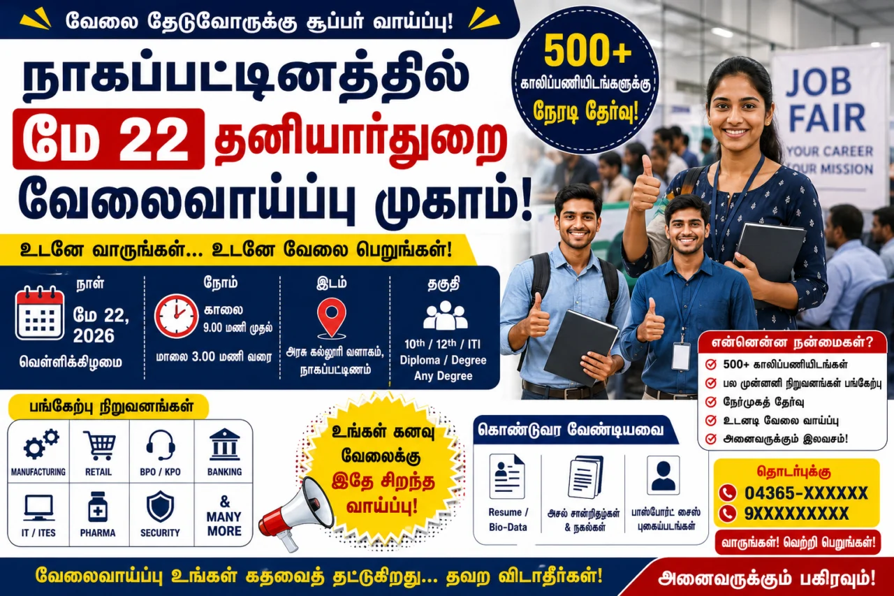 💼 நாகப்பட்டினத்தில் மே 22 தனியார்துறை வேலைவாய்ப்பு முகாம்! 500+ காலிப்பணியிடங்களுக்கு நேரடி தேர்வு