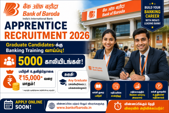 🏦 Bank of Baroda Apprentice Recruitment 2026: 5000 காலியிடங்கள்! Graduate Candidates-க்கு Banking Training வாய்ப்பு