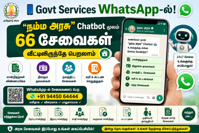 📲 Govt Services WhatsApp-ல்! “நம்ம அரசு” Chatbot மூலம் 66 சேவைகள் வீட்டிலிருந்தே பெறலாம்