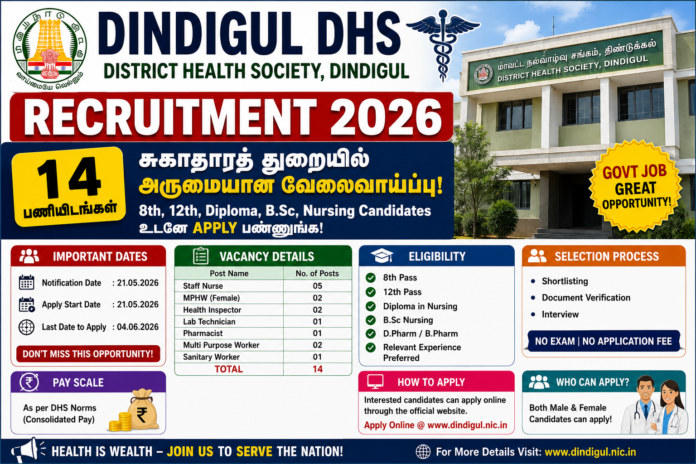 Dindigul DHS Recruitment 2026 🏥 14 Health Department பணியிடங்கள் – 8th, 12th, Diploma, B.Sc, Nursing Candidates Apply பண்ணலாம்!