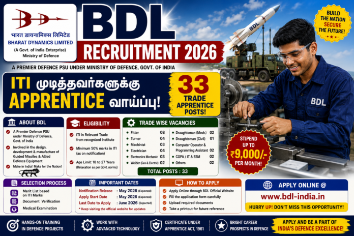 BDL Recruitment 2026 🚀 ITI முடித்தவர்களுக்கு Defence PSU Apprentice வாய்ப்பு – 33 Trade Apprentice Posts!