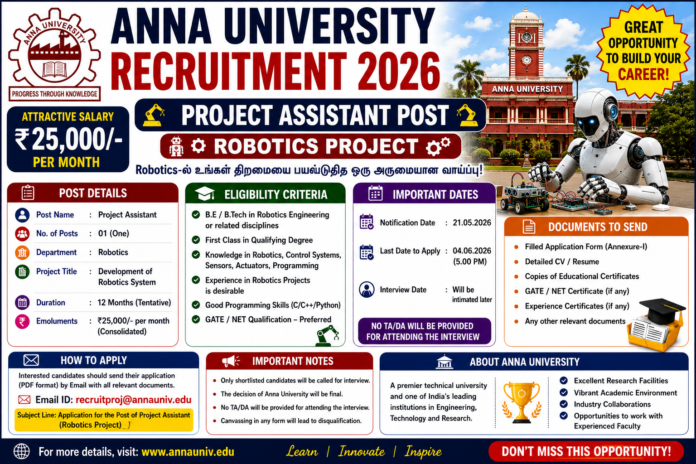 Anna University Recruitment 2026 🤖 Project Assistant பணிக்கு விண்ணப்பிக்கலாம் – Robotics Project-ல் ₹25,000 சம்பளம்!