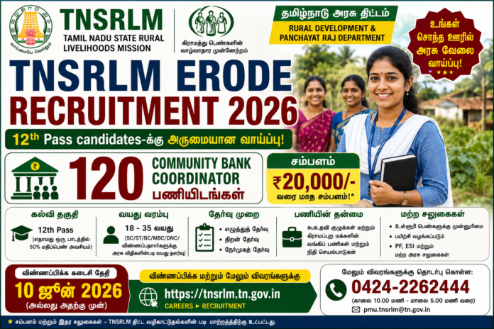 🌾 TNSRLM Erode Recruitment 2026 – 12th Pass candidates-க்கு 120 Community Bank Coordinator வாய்ப்பு!