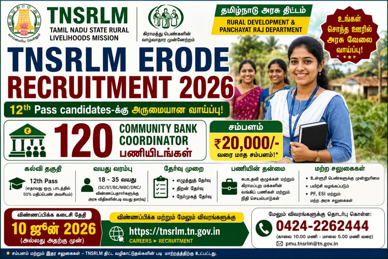 🌾 TNSRLM Erode Recruitment 2026 – 12th Pass candidates-க்கு 120 Community Bank Coordinator வாய்ப்பு!