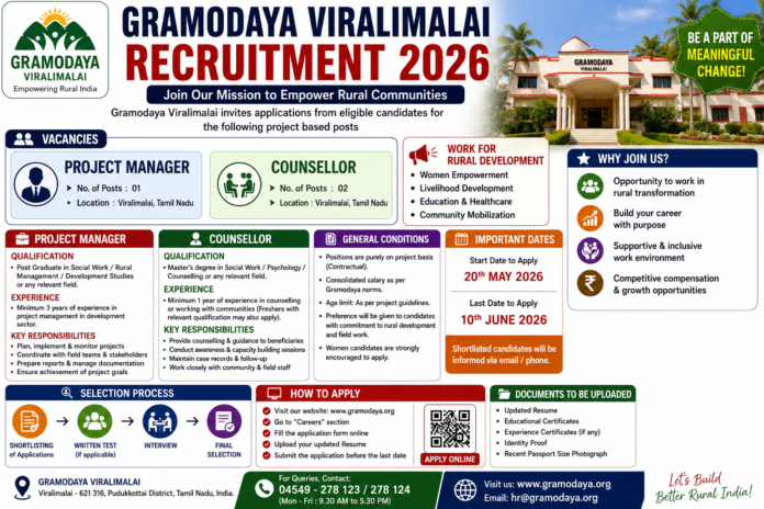 🧑‍💼 Gramodaya Viralimalai Recruitment 2026: Project Manager & Counsellor பணிக்கு விண்ணப்பிக்க வாய்ப்பு!