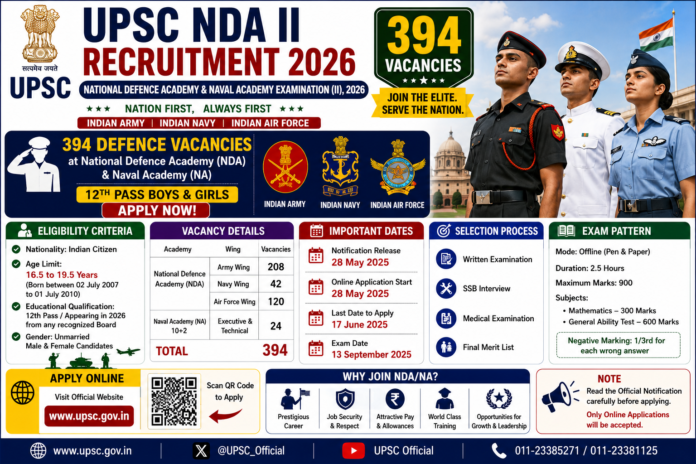 🪖 UPSC NDA II Recruitment 2026: 394 Defence Vacancies – 12th Pass Boys & Girls Apply Now!