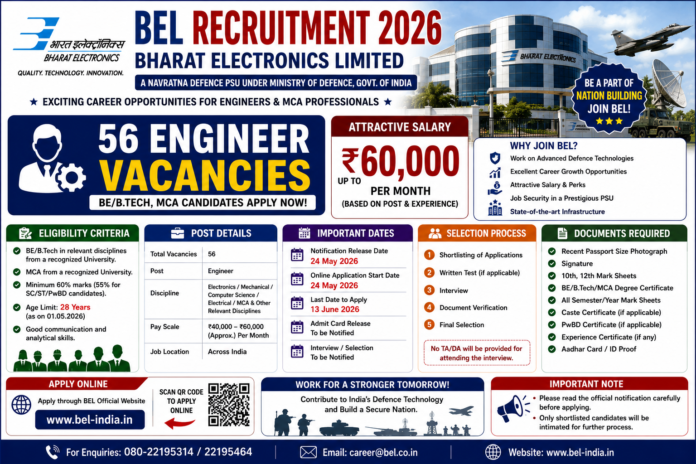 ⚡ BEL Recruitment 2026: ₹60,000 வரை சம்பளத்தில் 56 Engineer Jobs – BE/B.Tech, MCA Candidates Apply Now!