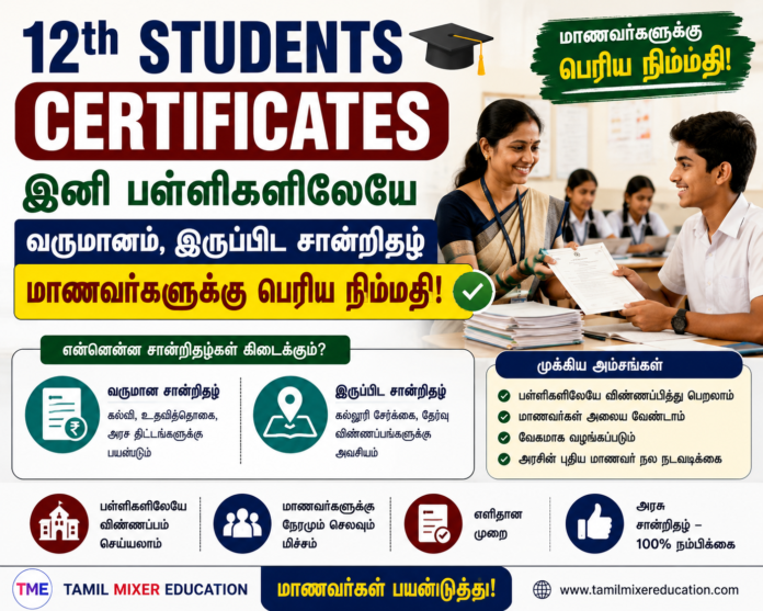 🎓 12th Students Certificates: இனி பள்ளிகளிலேயே வருமானம், இருப்பிட சான்றிதழ் – மாணவர்களுக்கு பெரிய நிம்மதி!