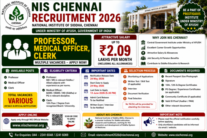 🌿 NIS Chennai Recruitment 2026: ₹2.09 லட்சம் வரை சம்பளத்தில் Professor, Medical Officer, Clerk Jobs!