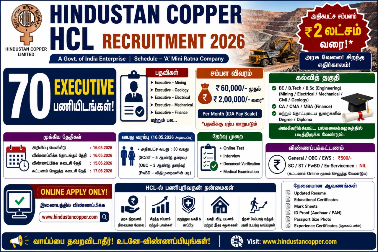 🔥 Hindustan Copper HCL Recruitment 2026: ₹2 லட்சம் வரை சம்பளம்! 70 Executive பணியிடங்களுக்கு Online Apply