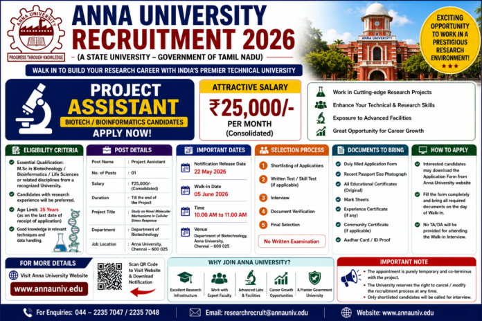 🧬 Anna University Recruitment 2026: ₹25,000 சம்பளத்தில் Project Assistant வேலை – Biotech/Bioinformatics Candidates Apply Now!