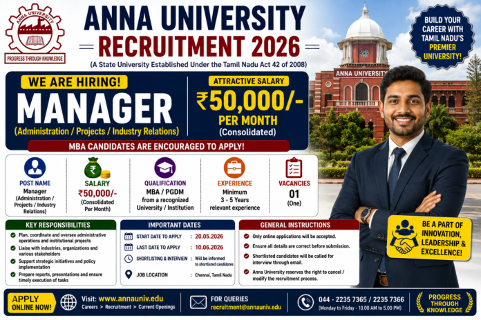 🤝 Anna University Recruitment 2026: ₹50,000 சம்பளத்தில் Manager வேலை – MBA Candidates Apply!