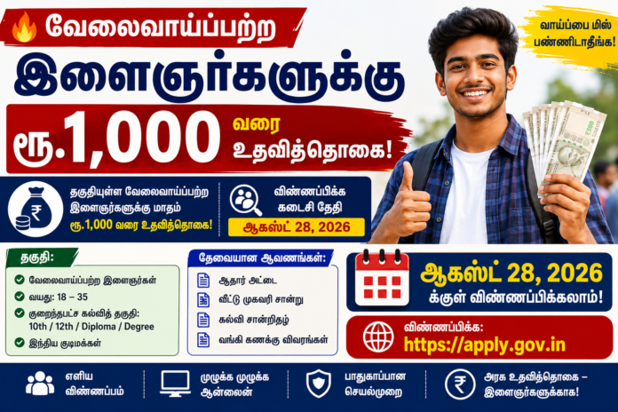 🔥 வேலைவாய்ப்பற்ற இளைஞர்களுக்கு ரூ.1,000 வரை உதவித்தொகை! ஆகஸ்ட் 28க்குள் விண்ணப்பிக்கலாம்