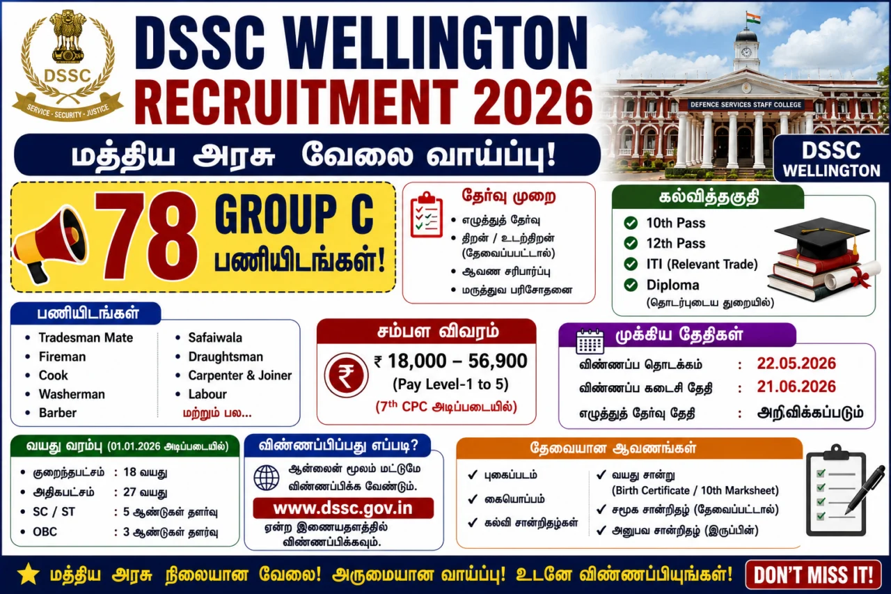 🏛️ DSSC Wellington Recruitment 2026: 78 Group C பணியிடங்கள்! 10th, 12th, ITI, Diploma முடித்தவர்களுக்கு Central Govt Job