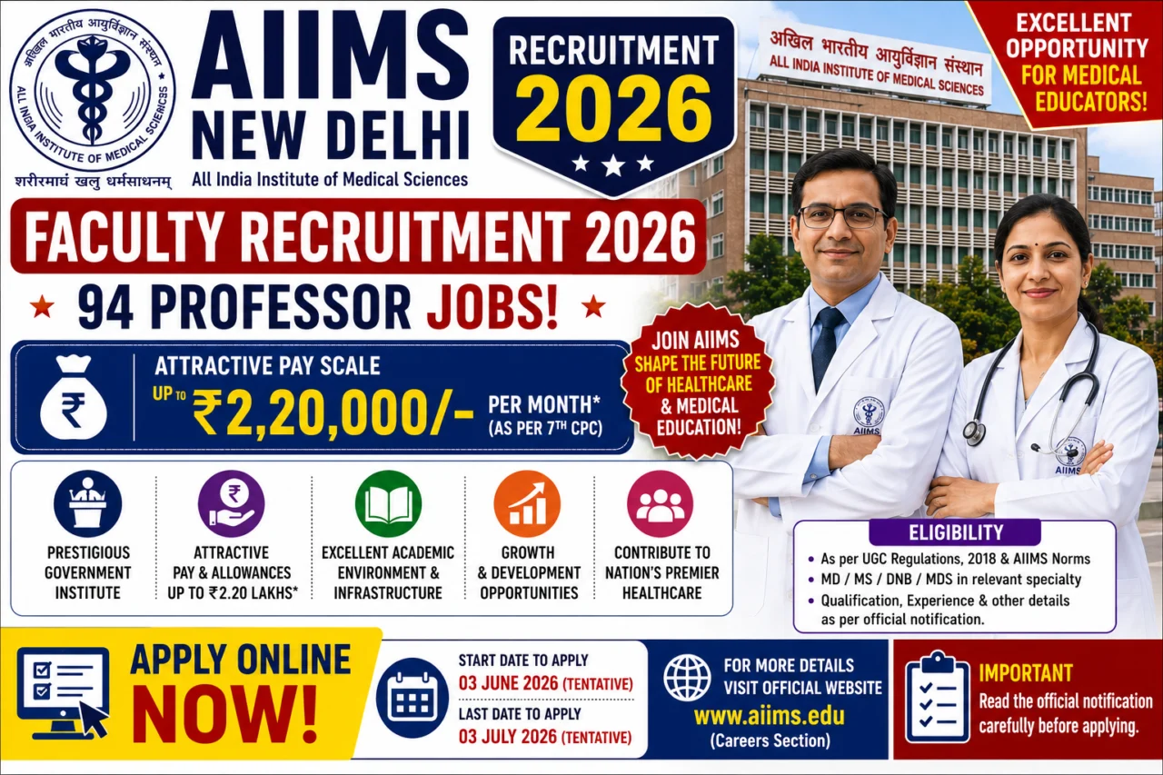 👨⚕️ AIIMS Faculty Recruitment 2026 – ₹2.20 லட்சம் வரை சம்பளத்தில் 94 Professor Jobs Apply Online!
