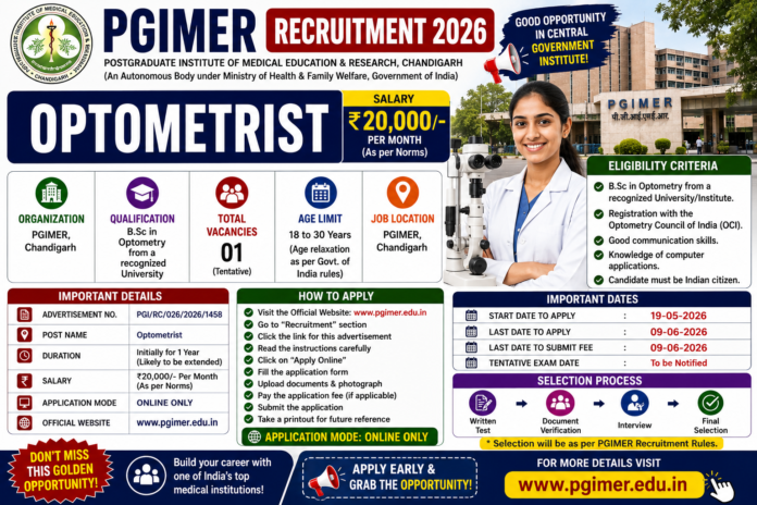 🔥 PGIMER Recruitment 2026: ₹20,000 சம்பளத்தில் Optometrist வேலை – B.Sc Candidates Apply பண்ணலாம்!