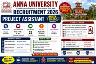 🔥 Anna University Recruitment 2026: ₹25,000 சம்பளத்தில் Project Assistant வேலை – M.Sc / ME / M.Tech Candidates Apply பண்ணலாம்!