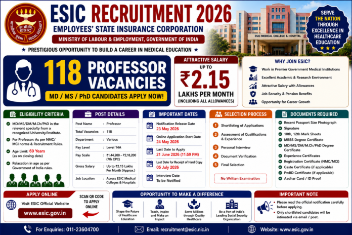 🏥 ESIC Recruitment 2026: ₹2.15 லட்சம் வரை சம்பளத்தில் 118 Professor Jobs – MD/MS/PhD Candidates Apply Now!