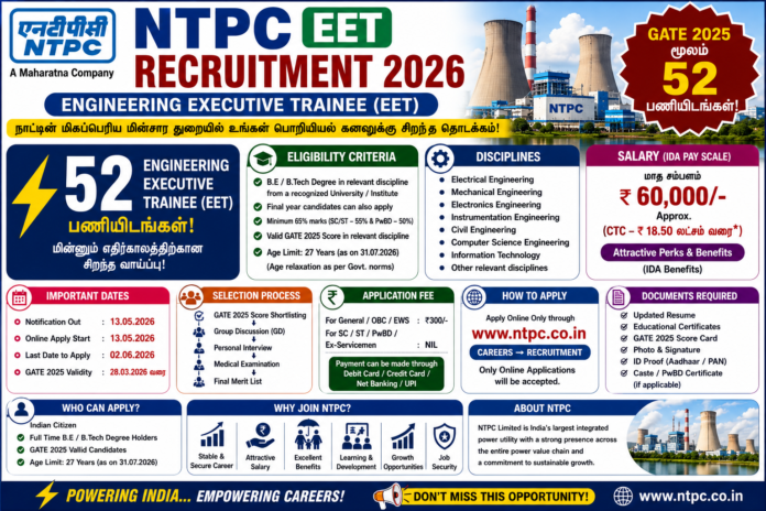 ⚡ NTPC EET Recruitment 2026: GATE 2025 மூலம் 52 Engineering Executive Trainee பணியிடங்கள்!