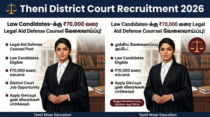 ⚖️ Theni District Court Recruitment 2026: Law Candidates-க்கு ₹70,000 வரை Legal Aid Defense Counsel வேலைவாய்ப்பு!