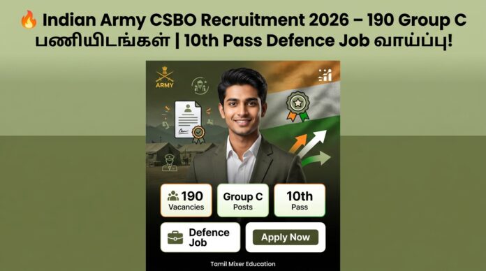 🔥 Indian Army CSBO Recruitment 2026 – 190 Group C பணியிடங்கள் | 10th Pass Defence Job வாய்ப்பு!