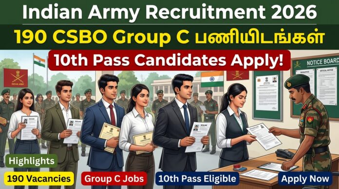 Indian Army Recruitment 2026: 190 CSBO Group C பணியிடங்கள் – 10th Pass Candidates Apply!