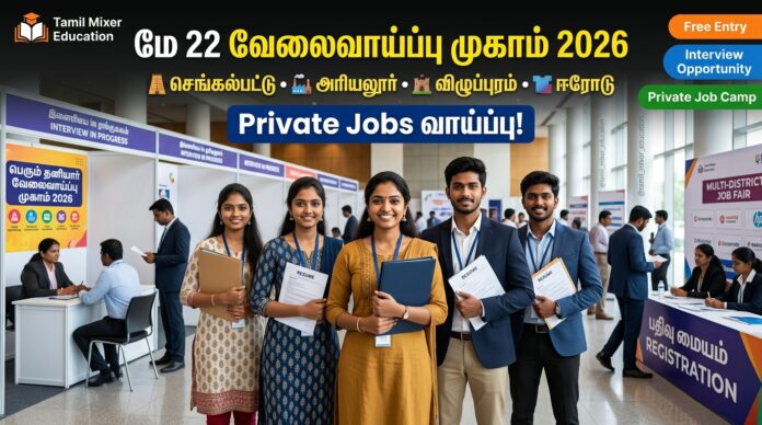 🔥 மே 22 வேலைவாய்ப்பு முகாம் 2026: செங்கல்பட்டு, அரியலூர், விழுப்புரம், ஈரோடு மாவட்டங்களில் Private Jobs வாய்ப்பு!