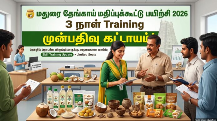 🍯 மதுரை தேங்காய் மதிப்புக்கூட்டு பயிற்சி 2026: 3 நாள் Training – முன்பதிவு கட்டாயம்!