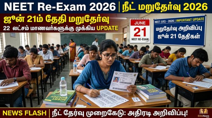 🚨 NEET Re-Exam 2026 தேதி அறிவிப்பு! ஜூன் 21ம் தேதி மறுதேர்வு – 22 லட்சம் மாணவர்களுக்கு முக்கிய Update