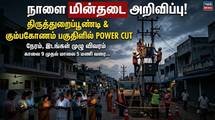 ⚡ நாளை மின்தடை அறிவிப்பு! திருத்துறைப்பூண்டி & கும்பகோணம் பகுதிகளில் Power Cut – நேரம், இடங்கள் முழு விவரம்
