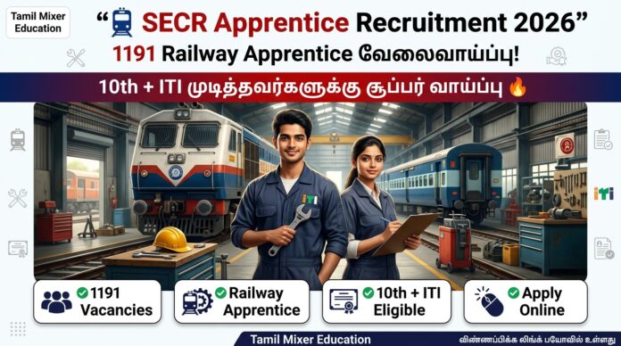 🚆 SECR Apprentice Recruitment 2026 – 1191 Railway Apprentice வேலைவாய்ப்பு! 10th + ITI முடித்தவர்களுக்கு சூப்பர் வாய்ப்பு 🔥