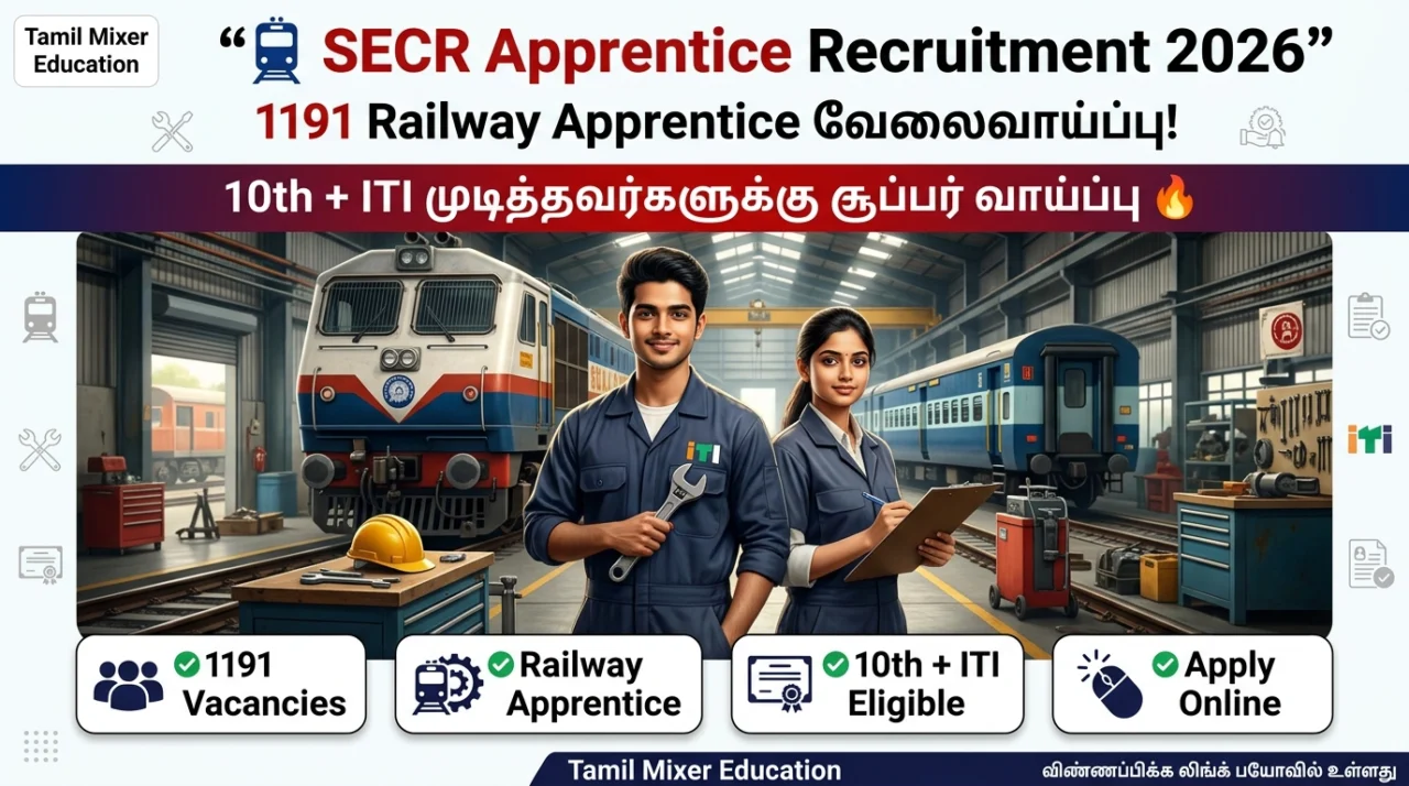 🚆 SECR Apprentice Recruitment 2026 – 1191 Railway Apprentice வேலைவாய்ப்பு! 10th + ITI முடித்தவர்களுக்கு சூப்பர் வாய்ப்பு 🔥
