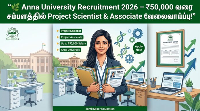 🌿 Anna University Recruitment 2026 – ₹50,000 வரை சம்பளத்தில் Project Scientist & Associate வேலைவாய்ப்பு!