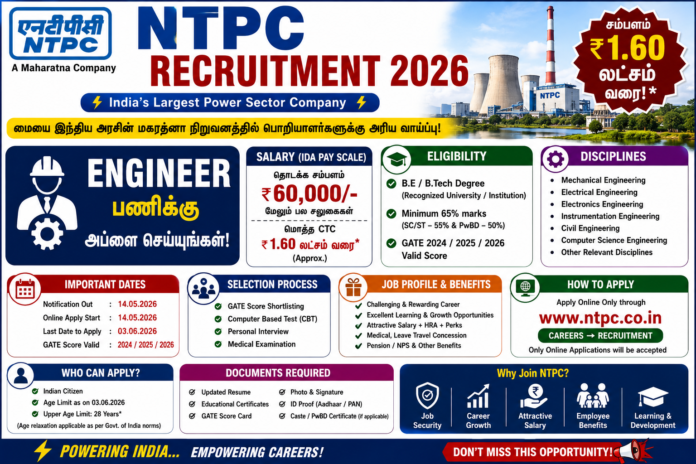 ⚡ NTPC Recruitment 2026: ₹1.60 லட்சம் வரை சம்பளம்! Engineer பணிக்கு B.E/B.Tech candidates Apply Online