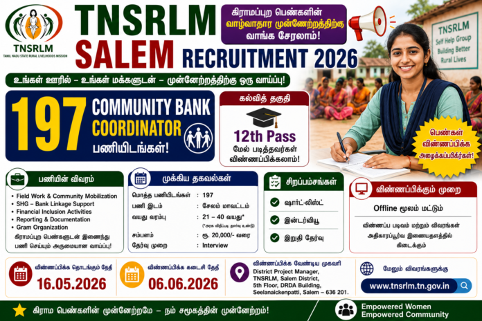 🏦 TNSRLM Salem Recruitment 2026: 12th Pass-க்கு 197 Community Bank Coordinator பணியிடங்கள்!